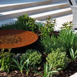Corten water bowl among planting beside paved steps, from above
